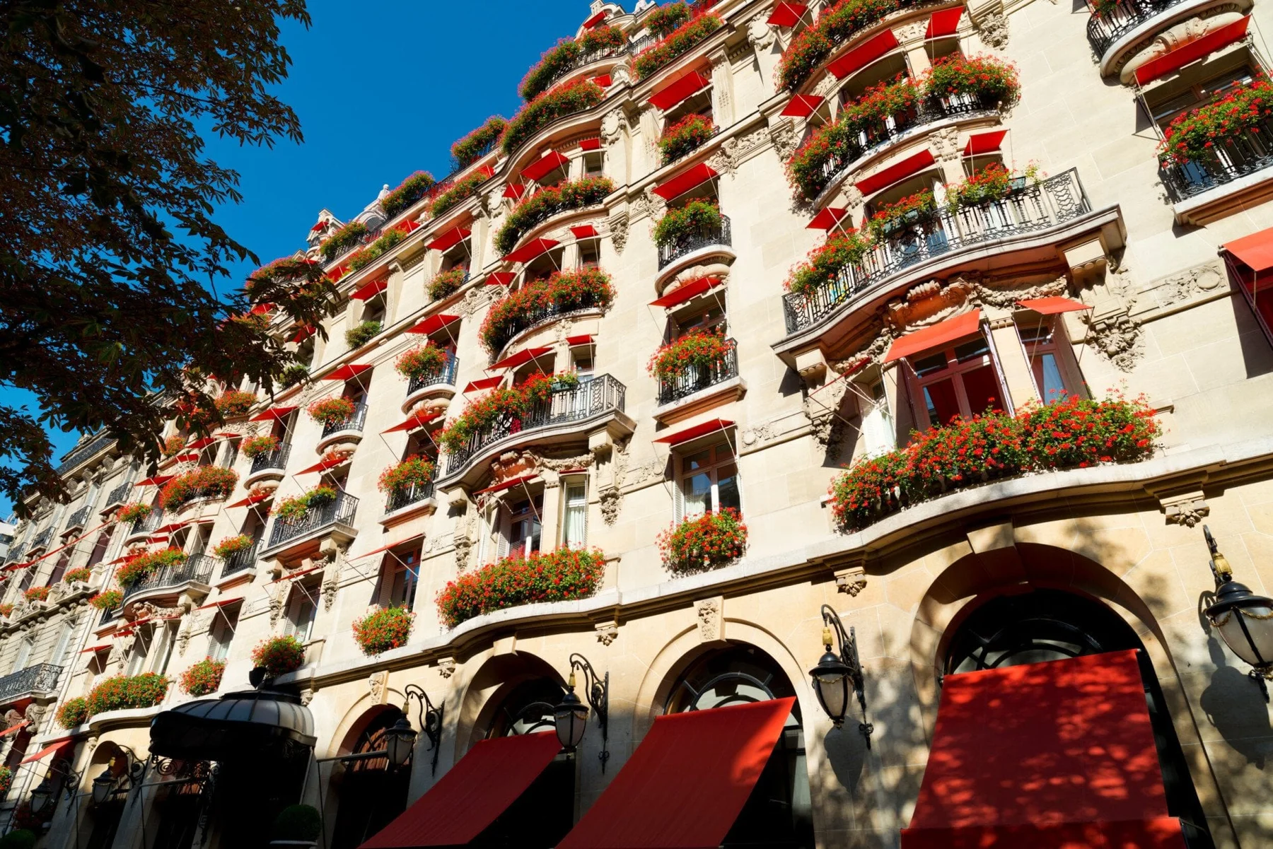 Fachada do Hôtel Plaza Athénée com toldos vermelhos e flores em Paris