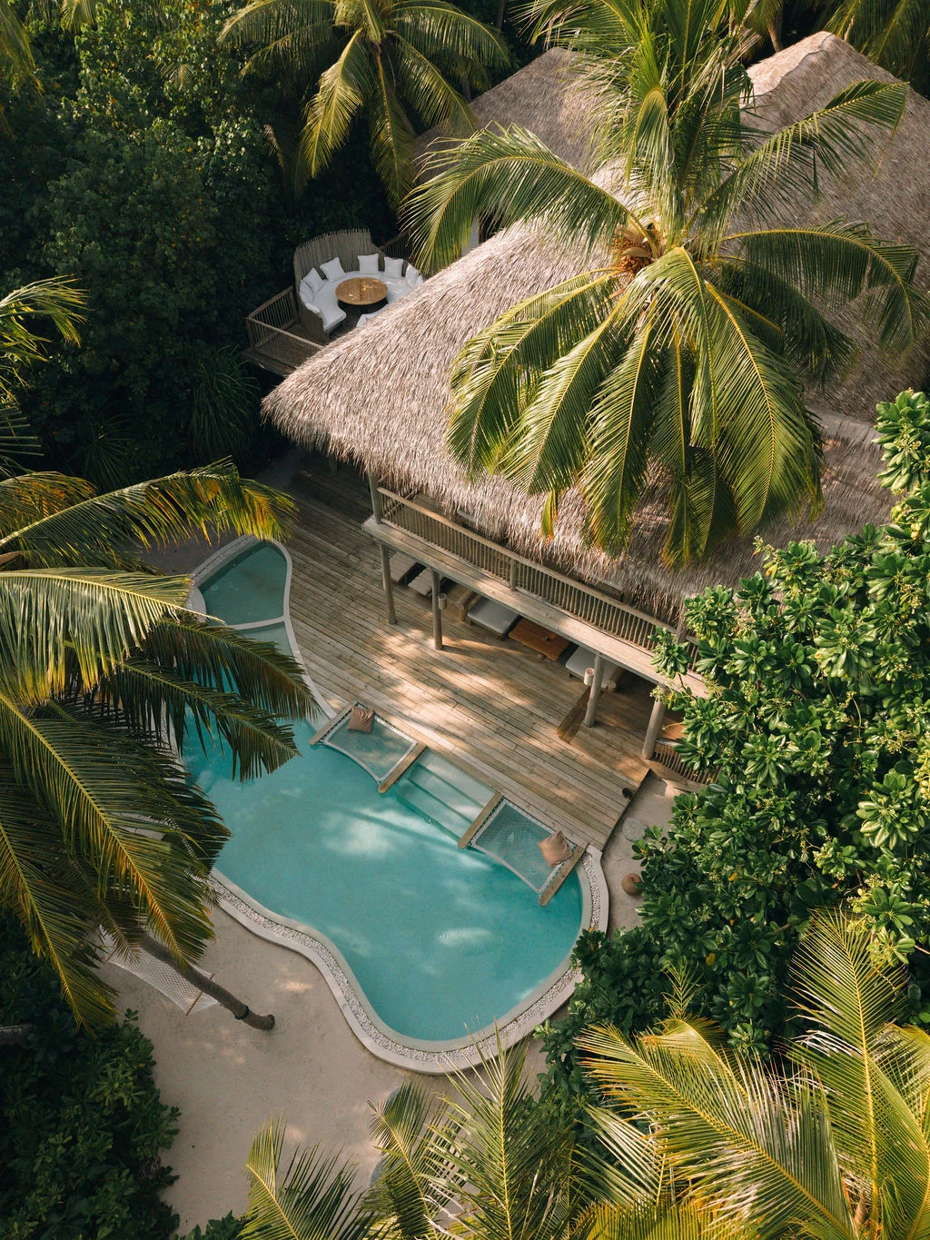 Villa do Soneva Fushi entre palmeiras com piscina privativa